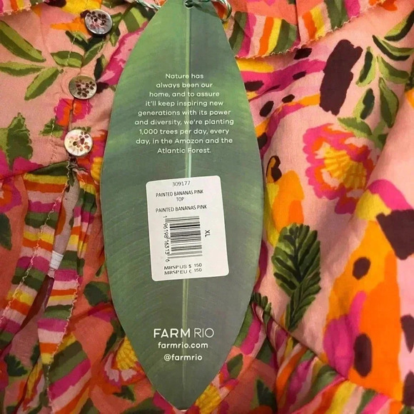 NWT Farm Rio Painted Bananas Puff Sleeve Top Blouse Pink XL - Picture 8 of 8
